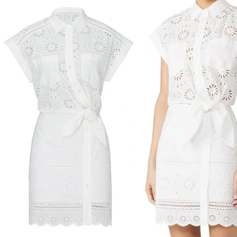 Veronica Beard Bettina White Eyelet Minidress Short Sleeve Button Dress Med / 6 - Picture 2 of 10